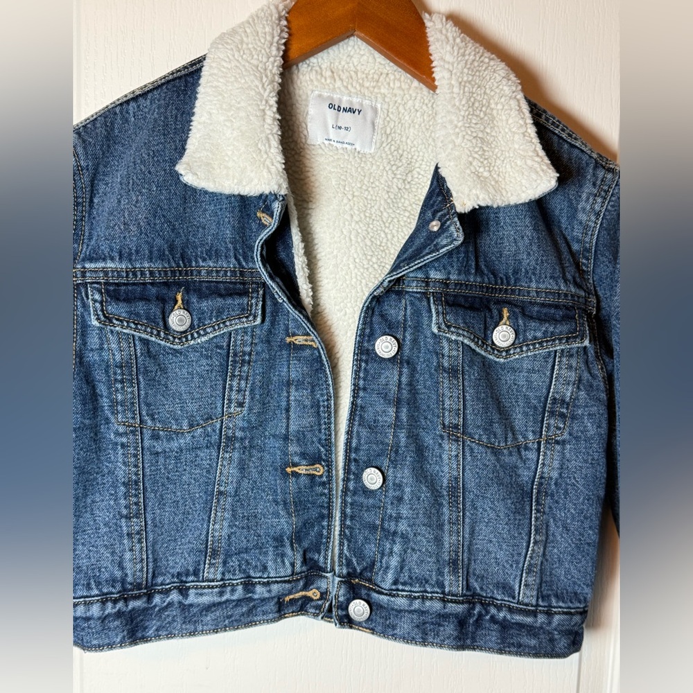 Old Navy Blue Jean Jacket Sherpa Lining Winter Coat size L (10/12) big girls - Picture 5 of 10